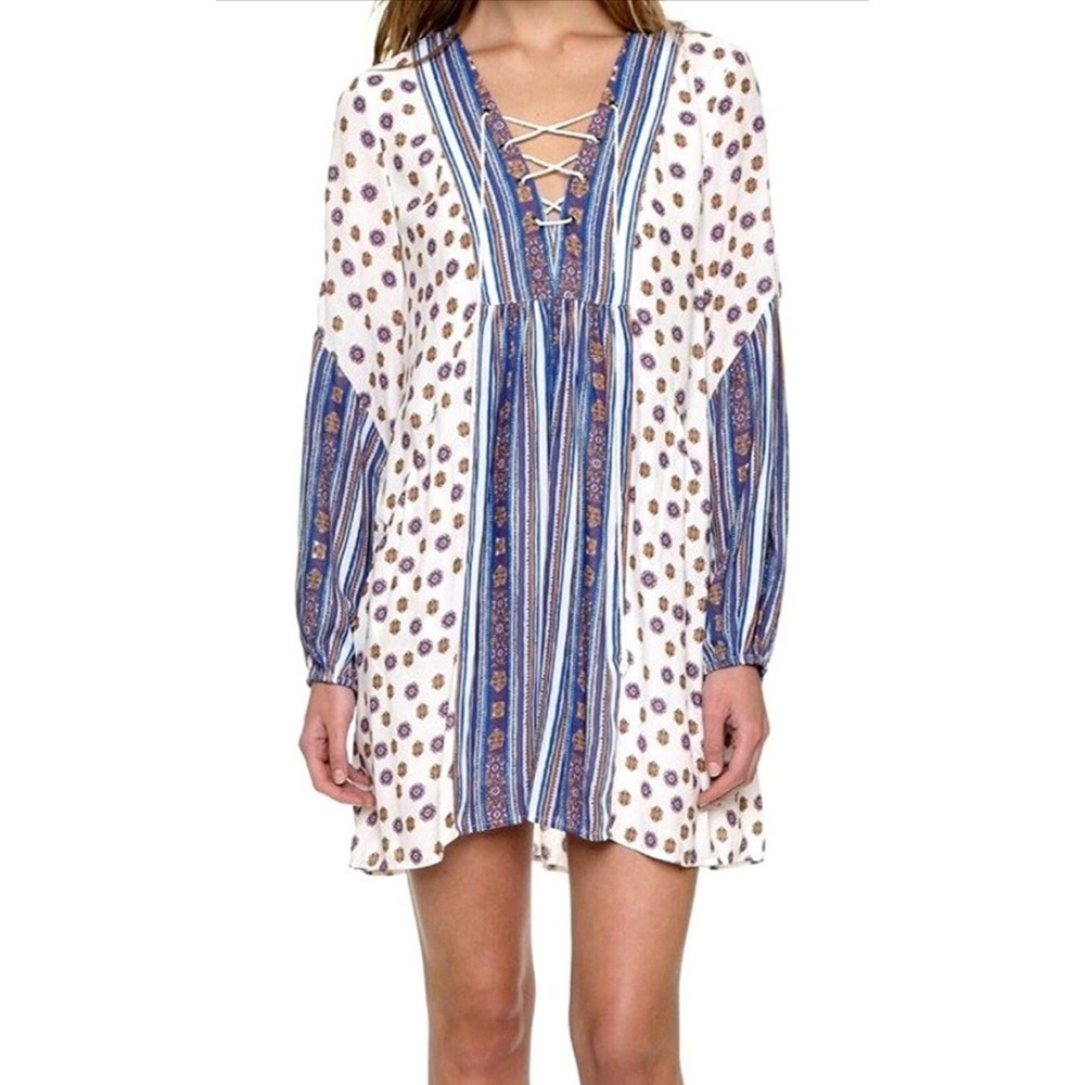 Free People Rain Shine Printed Lace-Up‎ Swing Dress Women's Small Boho Oversized